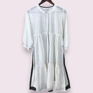 KILOL Midi tiered tunic dress, polka dot print, sheer,deep side slits,buttons XS